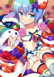 Rule 34 | 1girl, blue eyes, blue hair, flower, food, from above, fruit, grapes, hair ornament, looking at viewer, matching hair/eyes, navel, ninomoto, original, pleated skirt, rose, short hair, sitting, skirt, smile, solo, strawberry, thighhighs, zettai ryouiki