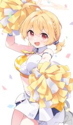 Rule 34 | 1girl, :d, ahoge, armlet, blonde hair, blue archive, blurry, braid, breasts, character name, cheerleader, cleavage, commentary request, confetti, depth of field, detached collar, hair between eyes, hair tubes, halo, hand up, highres, holding, holding pom poms, kano hito, kneehighs, kotori (blue archive), looking at viewer, low twintails, medium breasts, medium hair, navel, official alternate costume, open mouth, oppai loli, pleated skirt, pom pom (cheerleading), pom poms, reaching, reaching towards viewer, red eyes, shoes, sidelocks, simple background, single braid, skirt, sleeveless, smile, sneakers, socks, solo, standing, stomach, twintails, white background, white socks