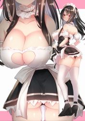 Rule 34 | 1girl, ass, azur lane, bare shoulders, black hair, black panties, blush, breasts, cleavage, cleavage cutout, clothes lift, clothing cutout, collar, collarbone, crossed bangs, detached sleeves, dress, dress lift, earrings, eyes visible through hair, floating hair, frilled collar, frilled cuffs, frills, from behind, full body, grey hair, hair between eyes, halterneck, hato haru, high heels, jewelry, large breasts, lifted by self, long hair, looking at viewer, looking back, maid, maid headdress, multicolored hair, multiple views, open mouth, panties, puffy short sleeves, puffy sleeves, red eyes, shiny skin, short sleeves, sidelocks, standing, streaked hair, thick thighs, thighhighs, thighs, u-47 (azur lane), underwear, very long hair, white thighhighs, wrist cuffs