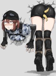 Rule 34 | 1girl, anal, anal object insertion, ass, banana, baseball cap, bike shorts, boots, brown hair, fingerless gloves, food, fruit, fuku (fuku12290574), gloves, goggles, goggles on headwear, hat, highres, military uniform, object insertion, original, peeing, purple eyes, shaded face, short hair, snot, stuck, thighhighs, through wall, uniform, vaginal, vaginal object insertion