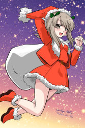 Rule 34 | 1girl, ankle boots, arm behind head, arm up, artist name, belt, black belt, boots, brown eyes, christmas, commentary, cropped jacket, dress, floating, fur-trimmed dress, fur-trimmed jacket, fur trim, girls und panzer, gradient sky, hair ribbon, hat, holding, holding sack, jacket, legs up, light brown hair, looking at viewer, matsui yasutsugu, over shoulder, red dress, red footwear, red hat, ribbon, sack, santa boots, santa dress, santa hat, shimada arisu, short dress, signature, sky, solo, star (sky), starry sky