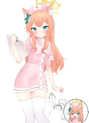 Rule 34 | 1girl, absurdres, alternate costume, animal ear fluff, animal ears, blue archive, blue eyes, blush, breasts, cardiogram, clipboard, cowboy shot, doodle inset, doodle sensei (blue archive), flower, hair flower, hair ornament, halo, hand up, hat, highres, holding, holding clipboard, k63sss, long hair, looking at viewer, mari (blue archive), nurse, nurse cap, orange hair, sensei (blue archive), short sleeves, small breasts, smile, spoken character, thighhighs, white background, white flower, white thighhighs, yellow halo