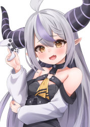 Rule 34 | 1girl, :d, ahoge, bare shoulders, blush, breasts, brown eyes, collar, collarbone, commentary request, controller, fang, game controller, hair between eyes, highres, holding, holding controller, holding game controller, hololive, horns, la+ darknesss, long hair, long sleeves, multicolored hair, o-ring, open mouth, pointy ears, purple hair, skin fang, small breasts, smile, solo, streaked hair, striped horns, taro. (tataroro 1), two-tone hair, upper body, virtual youtuber, white hair