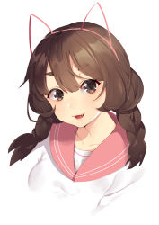 Rule 34 | 1girl, :3, :d, absurdres, animal ears, blush, braid, brown eyes, brown hair, cat ears, collarbone, cropped torso, fake animal ears, fang, hairband, head tilt, highres, iiiroha, long hair, looking at viewer, open mouth, original, pink hairband, pink sailor collar, sailor collar, shirt, simple background, smile, solo, thick eyebrows, twin braids, upper body, white background, white shirt