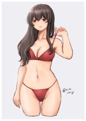 Rule 34 | 1girl, akagi (kancolle), bikini, breasts, brown eyes, brown hair, cleavage, closed mouth, cropped legs, grey background, hair between eyes, highres, kantai collection, large breasts, long hair, red bikini, rin (rin niji), simple background, solo, strap pull, swimsuit, twitter username