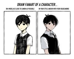 Rule 34 | 1boy, black eyes, black hair, black sweater vest, closed mouth, collared shirt, colored skin, draw fanart challenge, english text, highres, looking at viewer, male focus, official style, omocat (style), omori, patient51311752, shirt, short hair, short sleeves, sunny (omori), sweater vest, white shirt, white skin