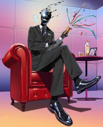 Rule 34 | 1boy, absurdres, alcohol, armchair, black footwear, black gloves, black jacket, black pants, black skin, black suit, black suit (blue archive), blue archive, blue necktie, chair, collared shirt, colored skin, commentary request, cracked skin, crossed legs, doodle sensei (blue archive), dutch angle, formal, from below, gloves, glowing, glowing eyes, highres, holding, holding party popper, indoors, jacket, lapel pin, liquor, male focus, necktie, on chair, one-eyed, pants, party popper, pocket square, portrait (object), sensei (blue archive), shiny footwear, shirt, sitting, smile, smoke, suit, suppa (hagakuresuppa), whiskey, white shirt