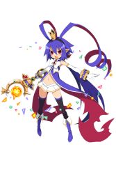 Rule 34 | 1girl, antenna hair, blue hair, blush, boots, bow, bracelet, crown, disgaea, disgaea rpg, elbow gloves, full body, genderswap, genderswap (mtf), gloves, holding, holding wand, jewelry, laharl, magic, magical girl, magical girl laharl, miniskirt, multicolored hair, navel, non-web source, official art, open mouth, photoshop (medium), pleated skirt, pointy ears, red eyes, red hair, skirt, slit pupils, solo, thighhighs, transparent background, wand