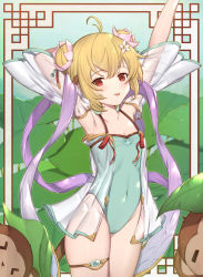 Rule 34 | &gt; &lt;, 1girl, :p, ahoge, andira (granblue fantasy), animal, animal ears, arm behind head, arms up, blonde hair, blue one-piece swimsuit, casual one-piece swimsuit, closed eyes, closed mouth, commentary request, covered navel, detached sleeves, double bun, erune, flower, granblue fantasy, groin, hair between eyes, hair bun, hair flower, hair ornament, highres, looking at viewer, monkey, monkey ears, monkey girl, monkey tail, one-piece swimsuit, red eyes, see-through, see-through sleeves, short sleeves, smile, solo, swimsuit, tail, tongue, tongue out, uneg, white flower, wide sleeves