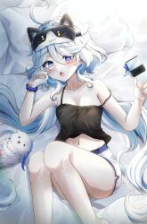 Rule 34 | 1girl, absurdres, bare shoulders, blue eyes, blue hair, breasts, camisole, cleavage, furina (genshin impact), genshin impact, highres, light blue hair, looking at viewer, lying, open mouth, ryunbi, solo