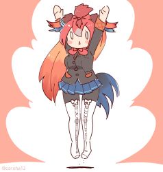 Rule 34 | 1girl, arms up, bird girl, bird tail, bird wings, boots, bow, bowtie, coroha, feathered wings, full body, head wings, jacket, jumping, kemono friends, kemono friends 3, long hair, looking at viewer, pantyhose, red background, red hair, red junglefowl (kemono friends), simple background, skirt, solo, tail, wings