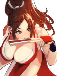 Rule 34 | 1girl, absurdres, arm guards, bare shoulders, blush, breasts, brown eyes, brown hair, cleavage, fatal fury, folded fan, folding fan, hand fan, high ponytail, highres, holding, holding fan, japanese clothes, large breasts, long hair, meke (77842928), ninja, pelvic curtain, ponytail, revealing clothes, rope, shiranui mai, sideboob, smile, snk, solo, the king of fighters