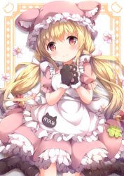 Rule 34 | 1girl, absurdres, animal hands, animal hat, apron, bell, black footwear, blonde hair, boots, bow, cat hat, commentary request, dress, flower, frilled apron, frilled hat, frilled sleeves, frills, fur-trimmed gloves, fur trim, gloves, hair bell, hair bow, hair ornament, hat, highres, jingle bell, knees together feet apart, long hair, looking at viewer, niwasane (saneatsu03), nyan, original, own hands together, paw gloves, pink bow, pink dress, pink flower, pink hat, red eyes, short sleeves, sitting, smile, solo, very long hair, white apron, white bow