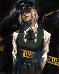 Rule 34 | caution tape, chainsaw man, demon girl, dress, earrings, fami (chainsaw man), fourth east high school uniform, highres, jewelry, looking at viewer, medium hair, mole, mole under eye, mole under mouth, open mouth, pinafore dress, red eyes, ringed eyes, school uniform, sebijy1, sleeveless, sleeveless dress