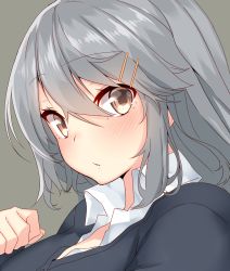 Rule 34 | 10s, 1girl, absurdres, alternate costume, blush, brown eyes, commentary request, grey background, grey hair, hair ornament, hairclip, haruna (kancolle), highres, kantai collection, looking at viewer, nebusoku, parted lips, solo, upper body