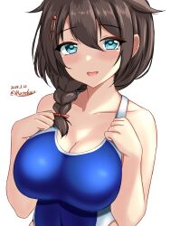 Rule 34 | 1girl, ahoge, black hair, blue eyes, blue one-piece swimsuit, blush, braid, breasts, brown hair, competition swimsuit, dated, hair flaps, hair ornament, hair over shoulder, hair ribbon, highleg, highres, kantai collection, large breasts, montemasa, one-hour drawing challenge, one-piece swimsuit, ribbon, shigure (kancolle), shigure kai ni (kancolle), single braid, solo, swimsuit, twitter username, two-tone swimsuit, wet, wet clothes, wet swimsuit