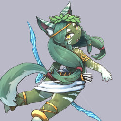 Rule 34 | 1girl, arrow (projectile), bow (weapon), cat, furry, furry female, green hair, kamukamu6392, long hair, open mouth, solo, weapon, yellow eyes