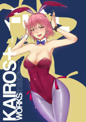 Rule 34 | 1girl, animal ears, artist name, blush, bow, bowtie, breasts, cameltoe, cleavage, commission, cosplay, covered erect nipples, crotch seam, detached sleeves, drawstring, earrings, fake animal ears, flcl, hair between eyes, haruhara haruko, highres, jewelry, kairos+, large breasts, leotard, looking at viewer, nose blush, open mouth, pantyhose, pink hair, playboy bunny, purple pantyhose, rabbit ears, rabbit pose, red leotard, short hair, smile, solo, strapless, strapless leotard, watermark, web address, yellow eyes