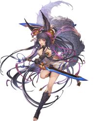Rule 34 | 1girl, absurdres, animal ears, backless outfit, bare shoulders, black hair, breasts, cleavage, copyright name, dual wielding, erune, full body, gloves, granblue fantasy, granblue fantasy versus: rising, hair ornament, highres, holding, holding sword, holding weapon, long hair, minaba hideo, official art, purple eyes, solo, sword, tail, toeless legwear, transparent background, weapon, yuel (granblue fantasy)