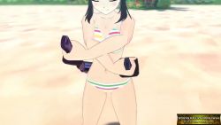 Rule 34 | 1girl, 3d, animated, asuka (senran kagura), beach, bikini, black hair, bouncing breasts, breasts, cleavage, dual wielding, game console, holding, looking at viewer, navel, one eye closed, playstation 4, ponytail, senran kagura, senran kagura estival versus, sound, striped bikini, striped clothes, swimsuit, sword, tagme, video, weapon, wink, yellow eyes
