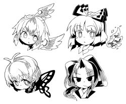 Rule 34 | 4girls, antennae, bird wings, blush, bow, butterfly wings, eternity larva, fairy, feathered wings, fujiwara no mokou, greyscale, hair between eyes, hair bow, horns, ini (inunabe00), insect wings, long hair, meira (touhou), monochrome, multiple girls, open mouth, short hair, simple background, tokiko (touhou), touhou, touhou (pc-98), white background, wings