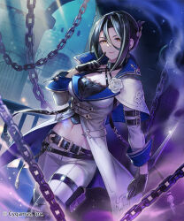 1girl agent_of_the_commandments_(shadowverse) ame8desu belt belt_buckle black_belt black_choker black_gloves black_hair black_shirt blue_jacket boots breasts buckle chain choker cleavage commentary_request company_name crop_top fog gloves hair_between_eyes halter_shirt halterneck holding holding_knife holding_weapon indoors jacket knife large_breasts light_rays looking_at_viewer midriff multicolored_jacket navel official_art pants parted_lips pouch shadowverse shirt short_hair solo thigh_boots thigh_pouch thigh_strap two-tone_jacket walking weapon white_jacket white_pants yellow_eyes