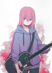 Rule 34 | 1girl, alternate costume, blue eyes, bocchi the rock!, closed mouth, gotoh hitori, guitar, hair between eyes, highres, holding, hood, hood down, hoodie, instrument, long hair, long sleeves, looking at viewer, lowlifescore, mask, mouth mask, pants, pink hair, solo, standing