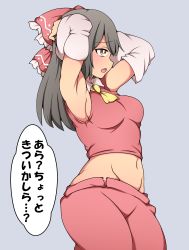 Rule 34 | 1girl, absurdres, armpits, arms up, blush, bow, breasts, brown eyes, brown hair, commentary request, from side, groin, hakurei reimu, highres, navel, open mouth, sideboob, solo, stomach, suwaneko, touhou, translation request, yellow bow