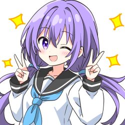Rule 34 | 1girl, blush, commentary request, double v, hair ornament, highres, kotatsu-mazoku, long hair, long sleeves, looking at viewer, low twintails, neckerchief, one eye closed, open mouth, original, partial commentary, purple eyes, purple hair, school uniform, serafuku, smile, solo, twintails, upper body, v