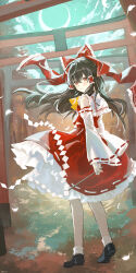 Rule 34 | 1girl, absurdres, ascot, bare shoulders, black footwear, black hair, blush, bow, closed mouth, detached sleeves, frilled skirt, frills, full body, hair between eyes, hair bow, hair tubes, hakurei reimu, haruri, has bad revision, has downscaled revision, highres, japanese clothes, long hair, md5 mismatch, nontraditional miko, red bow, red eyes, red skirt, resolution mismatch, ribbon-trimmed sleeves, ribbon trim, shoes, sidelocks, skirt, smile, socks, solo, source smaller, touhou, white sleeves, white socks, wide sleeves, yellow ascot