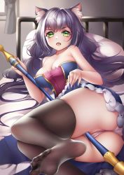 Rule 34 | 1girl, absurdres, animal ear fluff, animal ears, bare shoulders, bed, black hair, blush, breasts, cat ears, cat girl, cat tail, cleavage, clothes lift, dress, foreshortening, green eyes, highres, kamue, karyl (princess connect!), large breasts, long hair, looking at viewer, low twintails, multicolored hair, panties, princess connect!, skirt, skirt lift, solo, staff, streaked hair, tail, thighhighs, thighs, twintails, underwear, very long hair, white hair