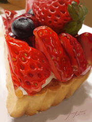 Rule 34 | blueberry, cake, dated, food, food focus, fruit, igaiga (igarashijunji), no humans, original, shadow, signature, still life, strawberry, strawberry slice