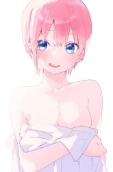 Rule 34 | 1girl, arm under breasts, bare shoulders, blue eyes, blush, breasts, cleavage, commentary, covering breasts, covering privates, go-toubun no hanayome, hair between eyes, highres, large breasts, looking at viewer, nakano ichika, open mouth, pink hair, round teeth, short hair, sidelighting, simple background, smile, solo, teeth, upper body, upper teeth only, valentine (02140314c), white background