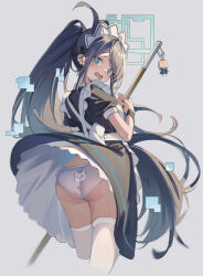 Rule 34 | 1girl, absurdres, apron, aris (blue archive), aris (maid) (blue archive), ass, back-print panties, black dress, black hair, blue archive, blue eyes, blush, breasts, commentary request, dress, halo, highres, long hair, looking at viewer, looking back, maid headdress, mop, open mouth, panties, parted bangs, ponytail, print panties, puffy short sleeves, puffy sleeves, short sleeves, sidelocks, small breasts, solo, thighhighs, thighs, underwear, very long hair, wang man, wedgie, white apron, white panties, white thighhighs, wristband