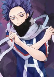 Rule 34 | 1boy, blue eyes, blue hair, blue shirt, boku no hero academia, closed mouth, commentary request, grey scarf, hands up, highres, holding, long sleeves, looking at viewer, male focus, mask, unworn mask, miyanami 3, mouth mask, multicolored clothes, multicolored scarf, purple hair, red shirt, scarf, shinsou hitoshi, shirt, solo, spiked hair, striped, u.a. gym uniform, upper body, white shirt