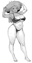Rule 34 | 1girl, armpits, arms up, bare shoulders, barefoot, belly, breasts, cleavage, collarbone, elf-san wa yaserarenai., elfuda (elf-san wa yaserarenai.), fang, greyscale, hat, highres, huge breasts, long hair, monochrome, navel, plump, pointy ears, simple background, skindentation, smile, solo, straw hat, sweat, synecdoche, thick thighs, thighs, white background