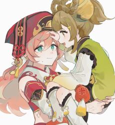Rule 34 | 2girls, absurdres, blush, bow-shaped hair, braid, carrying, carrying person, child, chinese clothes, genshin impact, green eyes, hand on another&#039;s head, highres, horns, light brown hair, looking at another, multiple girls, open mouth, pink hair, smile, white background, yanfei (genshin impact), yanfei u, yaoyao (genshin impact), yellow eyes