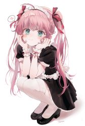 Rule 34 | 1girl, ahoge, apron, black dress, black footwear, blush, bow, closed mouth, collared dress, commentary request, dress, frilled apron, frills, hair between eyes, hair bow, high heels, highres, long hair, looking at viewer, maid, maid headdress, original, pink hair, pleated dress, puffy short sleeves, puffy sleeves, red bow, ribbon, sha2mo, shadow, shoes, short sleeves, signature, solo, spoken blush, squatting, thighhighs, twintails, very long hair, wavy mouth, white apron, white background, white thighhighs, wrist cuffs