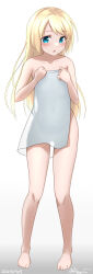 Rule 34 | 1girl, bare shoulders, barefoot, blonde hair, blue eyes, flat chest, full body, gradient background, highres, jervis (kancolle), kantai collection, long hair, looking at viewer, naked towel, one-hour drawing challenge, ray.s, see-through silhouette, solo, strap slip, towel, white background