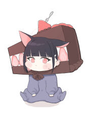 Rule 34 | 1girl, animal ears, black hair, blue archive, blunt bangs, cake, cat ears, cat girl, chibi, clitoris, commentary request, extra ears, food, food costume, hair ornament, hairclip, halo, highres, kazusa (blue archive), long sleeves, looking at viewer, red eyes, short hair, sidelocks, simple background, sitting, sleepwear, solo, strawberry shortcake, sweatdrop, white background, yosik