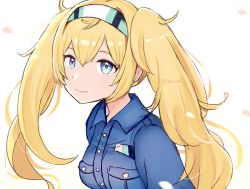 Rule 34 | 1girl, blonde hair, blouse, blue eyes, blue shirt, collared shirt, gambier bay (kancolle), gloves, hairband, kantai collection, lacroa, looking at viewer, multicolored clothes, multicolored gloves, one-hour drawing challenge, shirt, simple background, smile, solo, twintails, upper body, white background