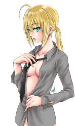 Rule 34 | 1girl, ahoge, artoria pendragon (fate), bad id, bad pixiv id, blonde hair, blush, bottomless, fate/zero, fate (series), formal, green eyes, long sleeves, mono land, necktie, open clothes, ponytail, saber (fate), solo, suit