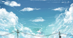 Rule 34 | 1girl, absurdres, aiovia, bicycle, bird, cloud, day, dress, hatsune miku, highres, long hair, power lines, solo, sy (hhym0), twintails, vocaloid