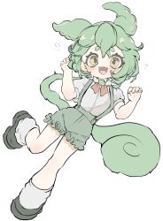 Rule 34 | 1girl, ?, blush, bow, bowtie, dutch angle, full body, green footwear, green hair, green shorts, hands up, highres, inkopico, leg up, long hair, looking at viewer, low ponytail, open mouth, puffy short sleeves, puffy sleeves, red bow, red bowtie, shirt, short sleeves, shorts, simple background, smile, socks, solo, suspender shorts, suspenders, very long hair, voicevox, white background, white shirt, white socks, yellow eyes, zundamon