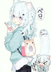 Rule 34 | &gt; &lt;, 1girl, :p, animal ear fluff, backpack, bag, black pantyhose, blue hair, capriccio, chibi, chibi inset, commentary request, food, hair between eyes, hood, hood down, ice cream, light blue hair, long hair, long sleeves, mint chocolate, mint chocolate chip, original, pantyhose, purple eyes, simple background, skirt, solo, tail, thighband pantyhose, tongue, tongue out, translated, wavy hair, white background, white skirt