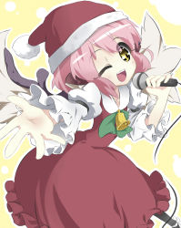 Rule 34 | 1girl, animal ears, bad id, bad pixiv id, bell, christmas, dress, female focus, hat, highres, microphone, music, mystia lorelei, open mouth, outstretched hand, pink hair, santa costume, santa hat, short hair, singing, solo, touhou, urimono, wings, wink, yellow eyes