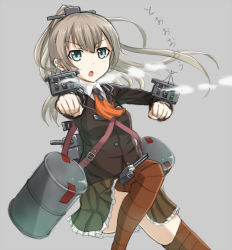 Rule 34 | &gt;:o, 10s, :o, aiming, aiming at viewer, aqua eyes, ascot, brown hair, drum (container), frilled skirt, frills, gun, hair ornament, kantai collection, kumano (kancolle), long hair, long sleeves, looking at viewer, open mouth, orange thighhighs, pleated skirt, ponytail, school uniform, skirt, smoke, smoking barrel, solo, striped clothes, striped thighhighs, thighhighs, v-shaped eyebrows, weapon, yakob labo