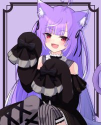 Rule 34 | 1girl, absurdres, ahoge, animal ear fluff, animal ears, asymmetrical legwear, black dress, black ribbon, blunt bangs, blush, cat ears, cat girl, cat tail, collar, commentary request, cowlick, dress, fangs, feet out of frame, frilled dress, frills, gothic lolita, grey collar, grey thighhighs, hair ribbon, highres, kemonomimi mode, leg ribbon, lolita fashion, long hair, looking at viewer, medium bangs, mismatched legwear, multicolored hair, nanashi inc., off-shoulder dress, off shoulder, official alternate costume, open mouth, purple background, purple hair, red eyes, ribbon, shisui kiki, shisui kiki (2nd costume), sleeve bow, sleeves past fingers, sleeves past wrists, smile, solo, streaked hair, striped clothes, striped thighhighs, tail, thighhighs, two-tone hair, vertical-striped clothes, vertical-striped thighhighs, very long hair, virtual youtuber, white hair, yamapiyo