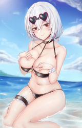 Rule 34 | 1girl, absurdres, azur lane, belly, bikini, black bikini, blush, breasts, chinese commentary, choker, cleavage, closed mouth, collarbone, commentary request, day, eyewear on head, hair between eyes, hands on own chest, head tilt, heart, heart-shaped eyewear, highres, large breasts, looking at viewer, navel, o-ring, o-ring top, outdoors, red eyes, scrunchie, short hair, sirius (azur lane), sirius (scorching-hot seirios) (azur lane), sitting, sky, smile, solo, sunglasses, swimsuit, thigh strap, ushi uta, white hair, white scrunchie, wrist scrunchie
