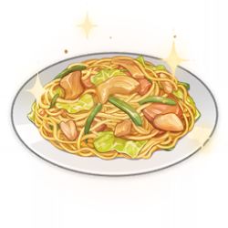 Rule 34 | artist request, beans, chicken (food), commentary, english commentary, food, food focus, game cg, genshin impact, lowres, no humans, noodles, official art, plate, simple background, sparkle, still life, third-party source, transparent background, yakisoba